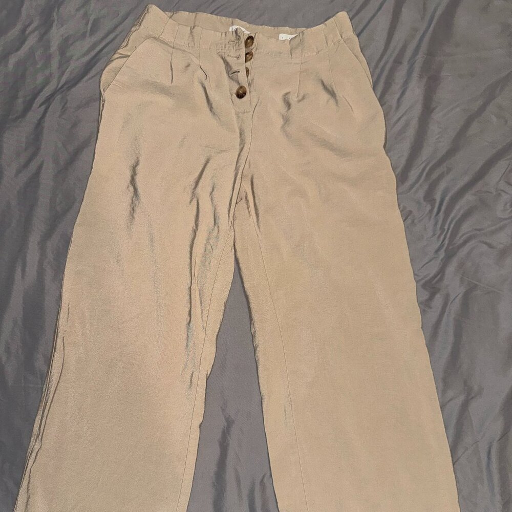 LOFT High Waisted Wide Leg Cropped Pants Women’s Size 4 Beige Linen Blend